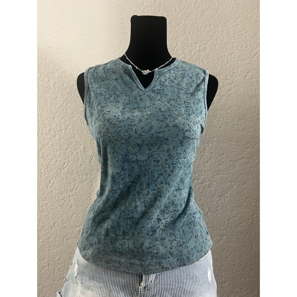 Vintage Xcit Moda Y2K Paisley Tank Top Medium Blue Sleeveless Keyhole Baby Tee